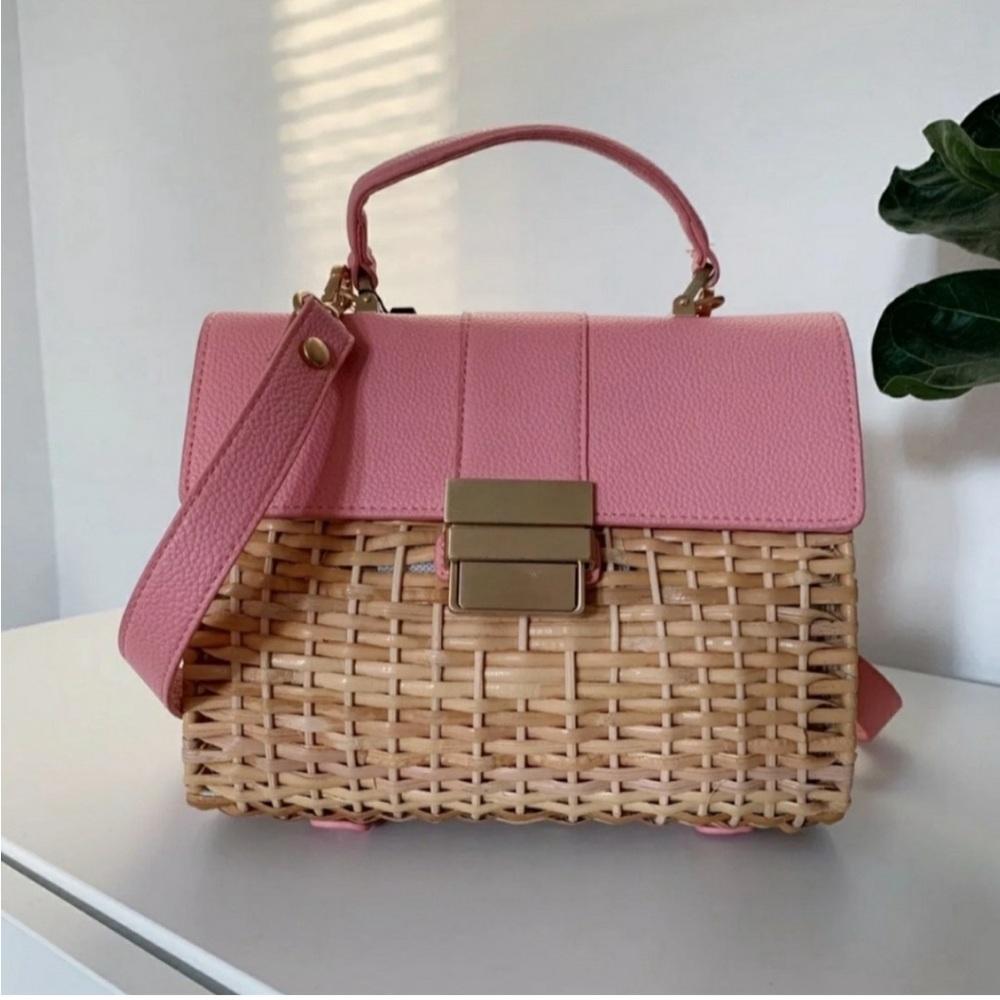 ZARA Straw Raffia Woven Pink Crossbody Handbag